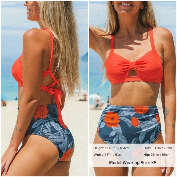 NWT Cupshe Orange Blue Floral Two Piece Bikini Swimsuit High Waist Bathing M - Picture 2 of 11